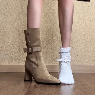 巨好看高跟粗跟两穿短靴女2025秋冬新款 堆堆靴子马丁靴 中筒靴爆款