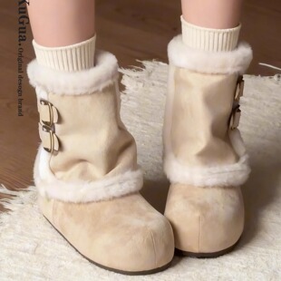 复古两穿短靴子 加绒保暖勃肯棉鞋 内增高毛绒雪地靴女2025新款 冬季