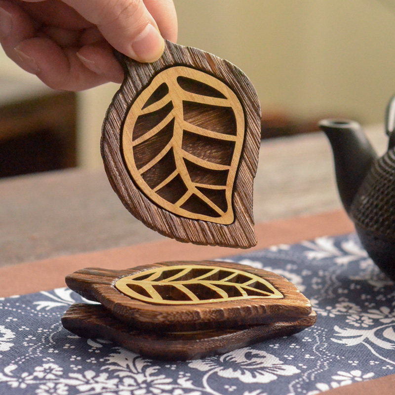 实木镂空雕花杯垫茶道暖杯垫日式家用圆形杯垫托木制方形茶具杯垫