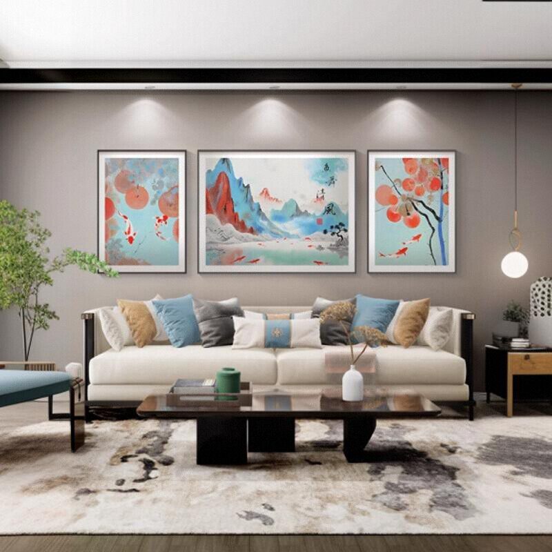 2026新款红色锦鲤客厅挂画新中式山水画沙发背景墙装饰画柿子壁画