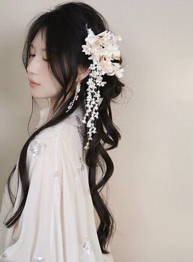 古风紫色铃兰花朵流苏侧边发夹女新中式发饰旗袍汉服和服头饰配饰