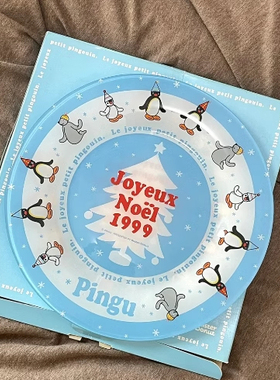 日本pingu企鹅家族圣诞盘子硬化玻璃盘X'mas plate圣诞大盘水果盘