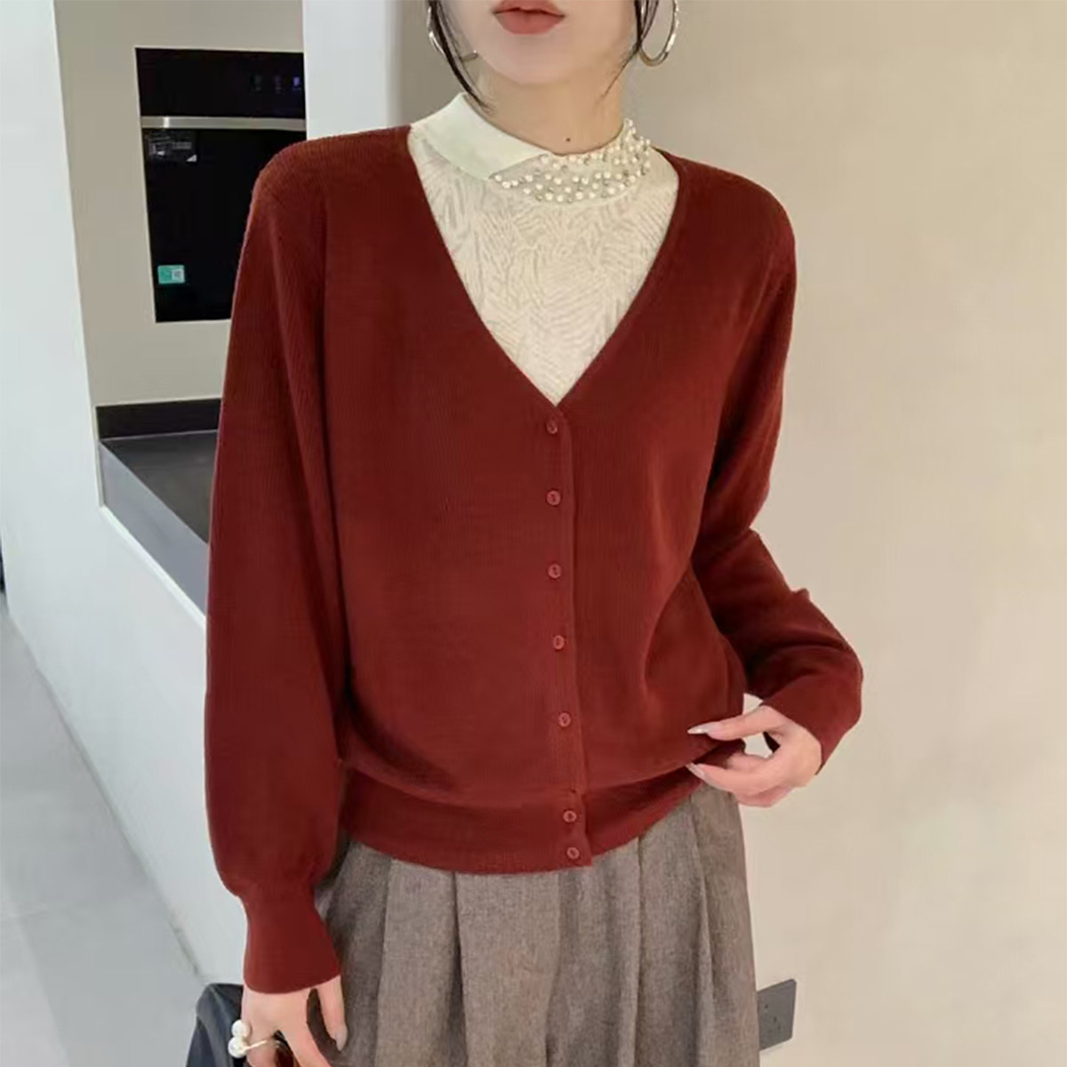 假两件半高领打底衫女秋冬季2025新款高级感蕾丝钉珠内搭毛衣外套