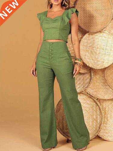 Two-Piece Set Women Top Pants High Waist Set Summer Outfits