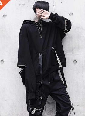 HOUZHOU Black Men's Hoodies Goth Sweatshirt Hood Autumn Tech