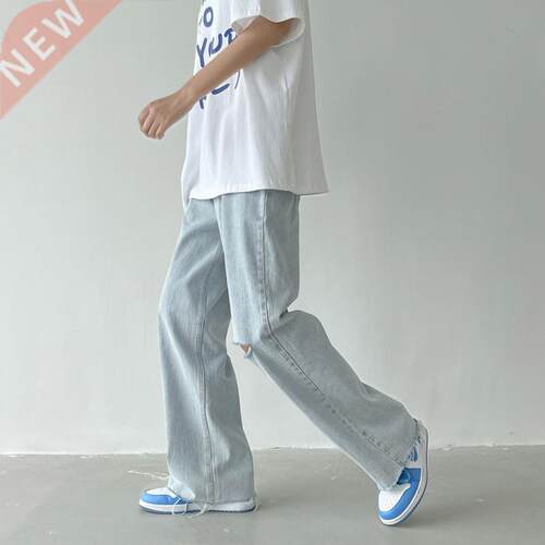 Summer Wide-leg Jeans Men's Fashion Light Blue Casual Ripped