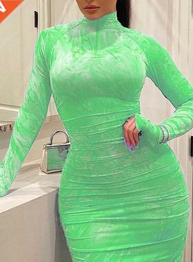 Women's Bodycon Dress 2021 Pleated Elegant Long Sleeve Party