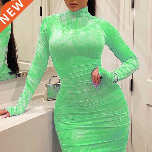 Women's Bodycon Dress 2021 Pleated Elegant Long Sleeve Party