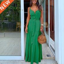 Summer Green Tunic Maxi Dress V Neck Robe Femme Belt Elegant