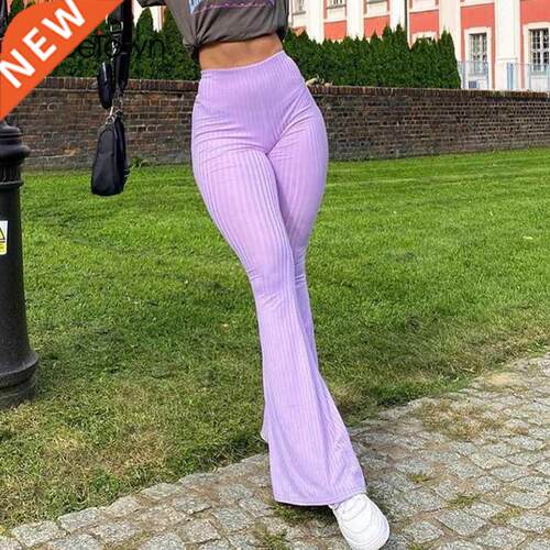 Sweetown Purple Ribbed Joggers Women Knitted Flare Pants Sl