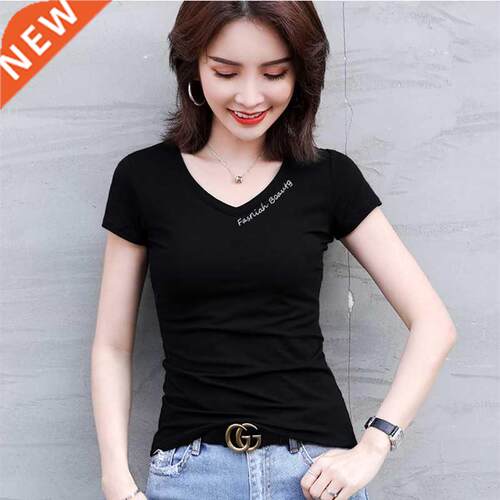 Fashion Summer Top 2021 Women V Neck T Shirt Slim Fit Stch C
