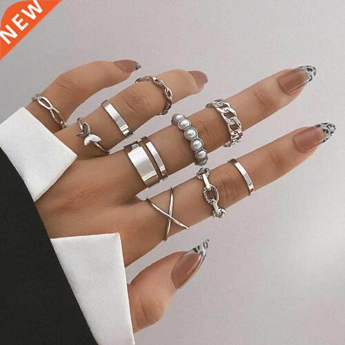 10Pcs/Set Bohemian Geometric Metal Ring Set Women's Vintage