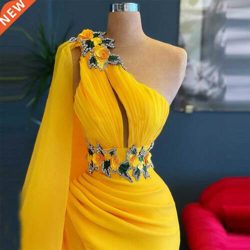 Charming Yellow One Shoulder Mermaid Evening Dresses Sleev