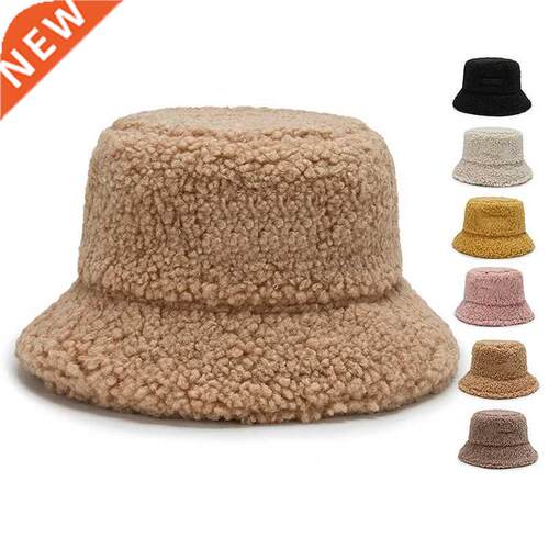 Lamb Faux Fur Bucket Hat Winter Warm Velvet Hats for Women L