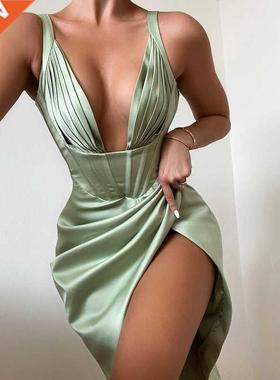 Townlike Stretch Satin Elegant Dress Women High Split Deep V