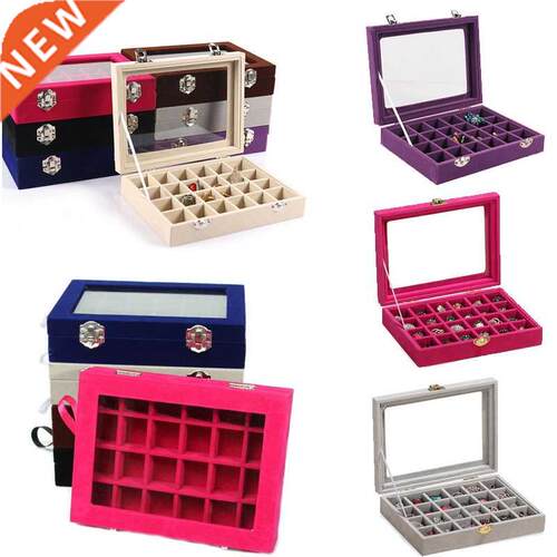 24 Grids Black Rose Red Velvet Jewelry Box Rings Earrings Ne