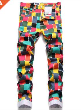 New European American Style Digital Printed Jeans Color Plai