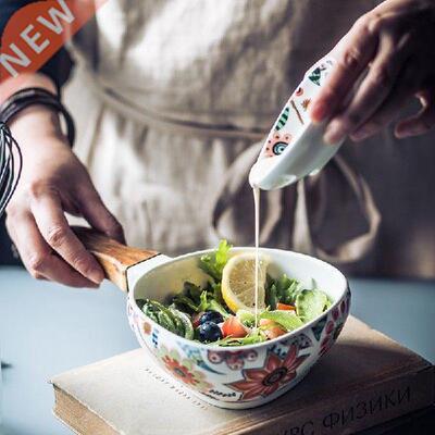 Creative Japanese ceramic salad bowl wood handle household