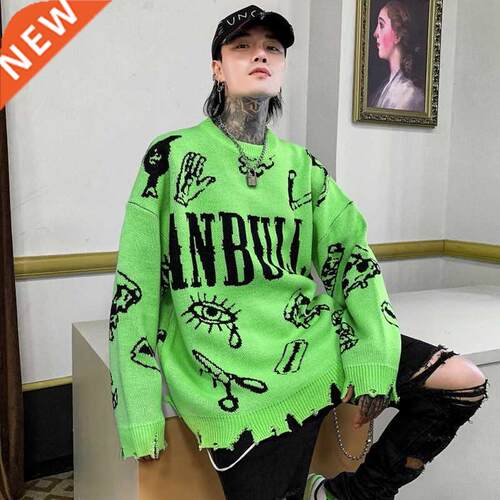 Green Pattern Sweaters Washed Destroyed Ripped Sweater Men H