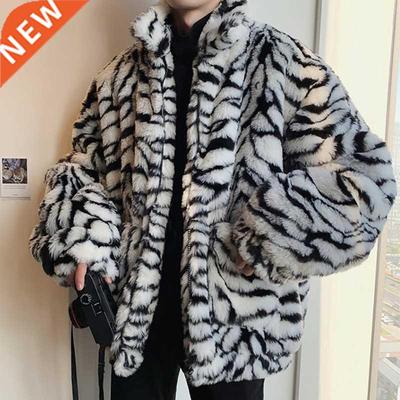 Winter Men Faux Fur Tiger Pattern Coat Jacket Male Fashion L