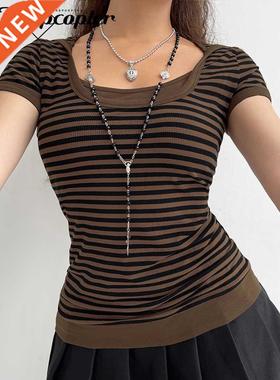 Rapcopter y2k Strped Crop Top Hooded Short Sleeve T Shrt W