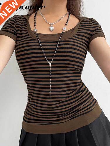 Rapcopter y2k Strped Crop Top Hooded Short Sleeve T Shrt W