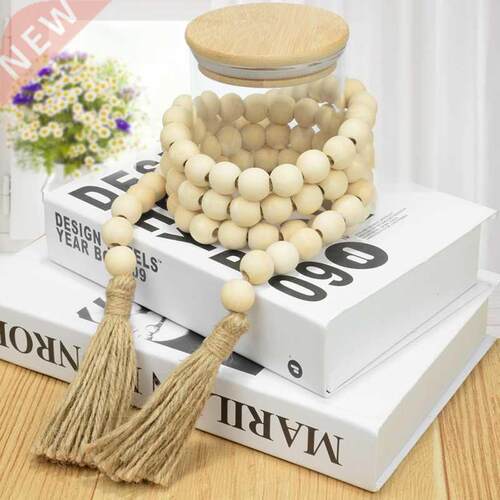 European Wooden Bead Garland with Tassels Farmhouse Rustic