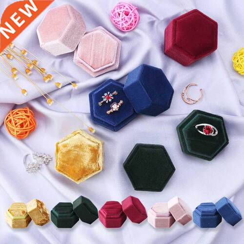 Hexagon Square Shape Velvet Jewelry Box Double Ring Storage