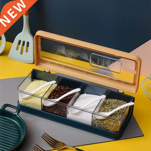 Spice Jar Transparent Four Grid with Four Spoon Seasoning Bo