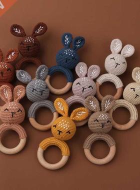 1pc Wooden Crochet Bunny Rattle Toy BPA Free Wood Ring Baby