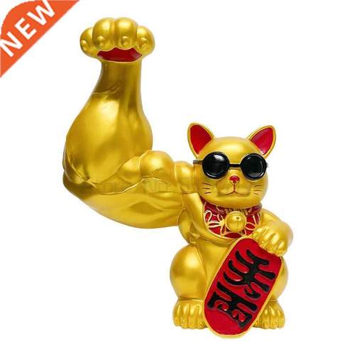 Creatve Lucky Cat Muscle Arm Decoraton Whte/Gold Resn