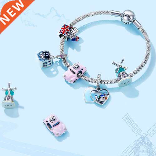 bamoer 925 Sterling Silver Travel London Charm Pink Cable Ca