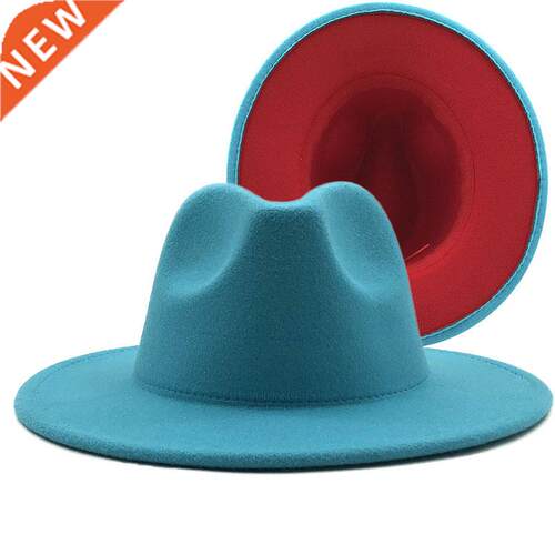 New Outer Lake blue Inner red Wool Felt Jazz Fedora Hats wit