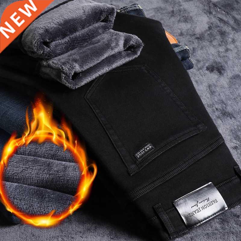 2021 Winter Jeans Men Black Slim Fit Stretch Thick Velvet Pa