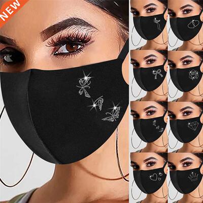 1pc Women Men Drill Sequins Black Mask Washable Reusable Clo