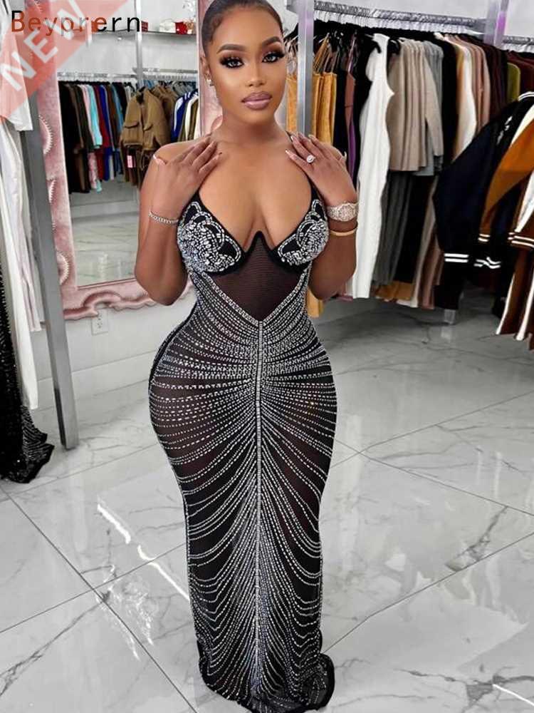 Beyprern Sparkle Black Mesh Sheer Rhinestones Maxi Dress Gow