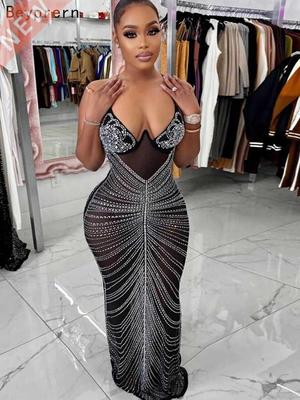 Beyprern Sparkle Black Mesh Sheer Rhinestones Maxi Dress Gow
