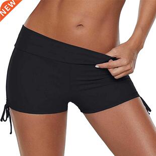 2022 New Women Summer Swim Shorts High Waist Sides Drawstrin