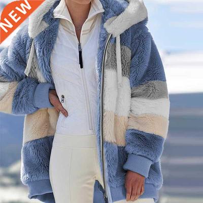 Winter Women Jacket Warm Plush Casual Loose Hooded Coat Fau