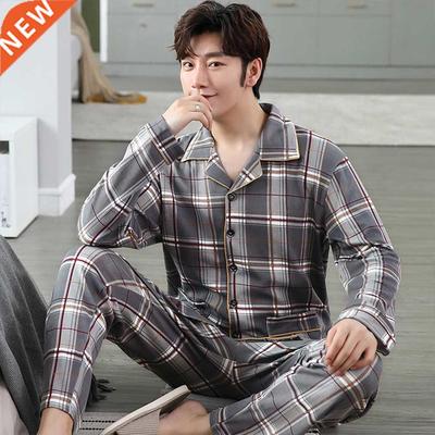 100% Cotton Pijama for Men Plaid Autumn Winter Sleepwear Paj