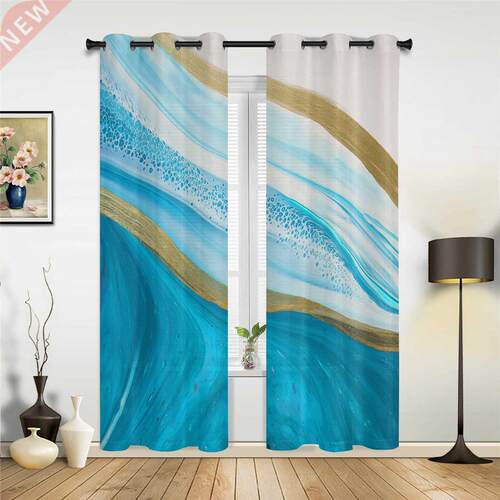 Blue Gradient Texture Marbling Window Curtains for Living