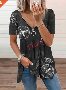 Women's Clothing 2021 Vintage Letter Graphic Print V-Neck Zi