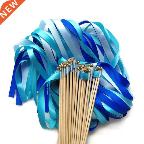 50pcs/lot Three Dfferent Blue weddng Rbbon Wands Wth Gol