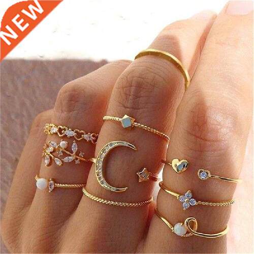 New Fashion Diamond Moon Ring Love Pearl Leaf Ring Set