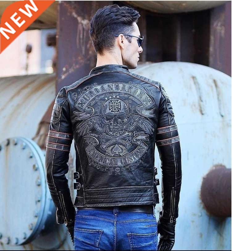 Free shipping.Brand thick skull cowhide coat.black slim genu