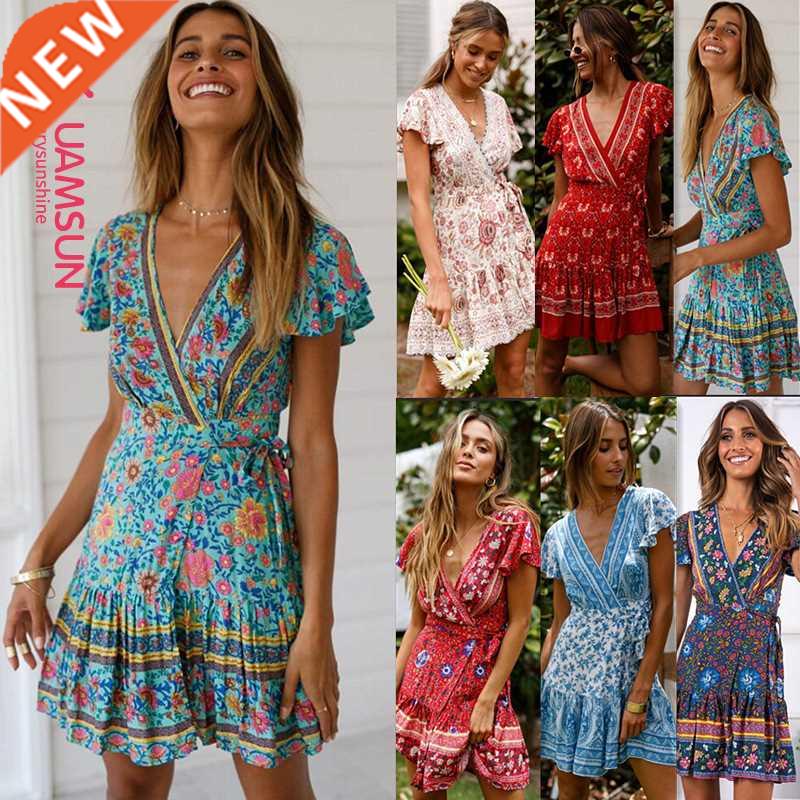 2022summer bohemian women beach dress short skirt 印花沙滩裙