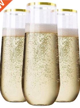 24 Pieces Stemless Plastic Champagne Flutes, 9Oz Gold Rim