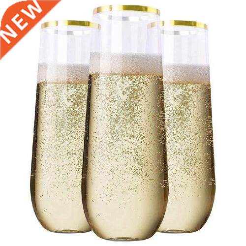 24 Pieces Stemless Plastic Champagne Flutes, 9Oz Gold Rim
