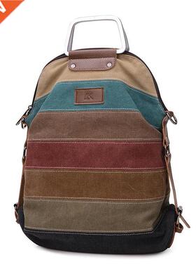 Panelled Sripe Canvas Backpack Woen Vintage Feale Backpac