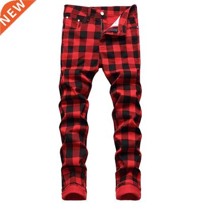 Men Red Plaid Printed Pants Fashion Slim Stch Jeans ndy Plus